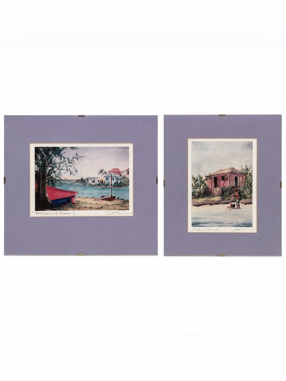 Signed Jerry Rose Bahamian Prints Frameless Under Glass Lavender Mat Set of Two